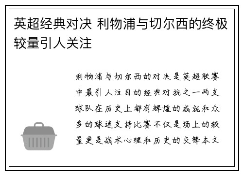 英超经典对决 利物浦与切尔西的终极较量引人关注